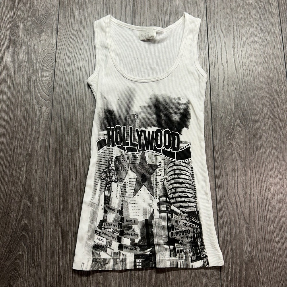 HER Hollywood Medium Ribbed Tank Top White Y2K Sleeveless Scoop Neck Vintage